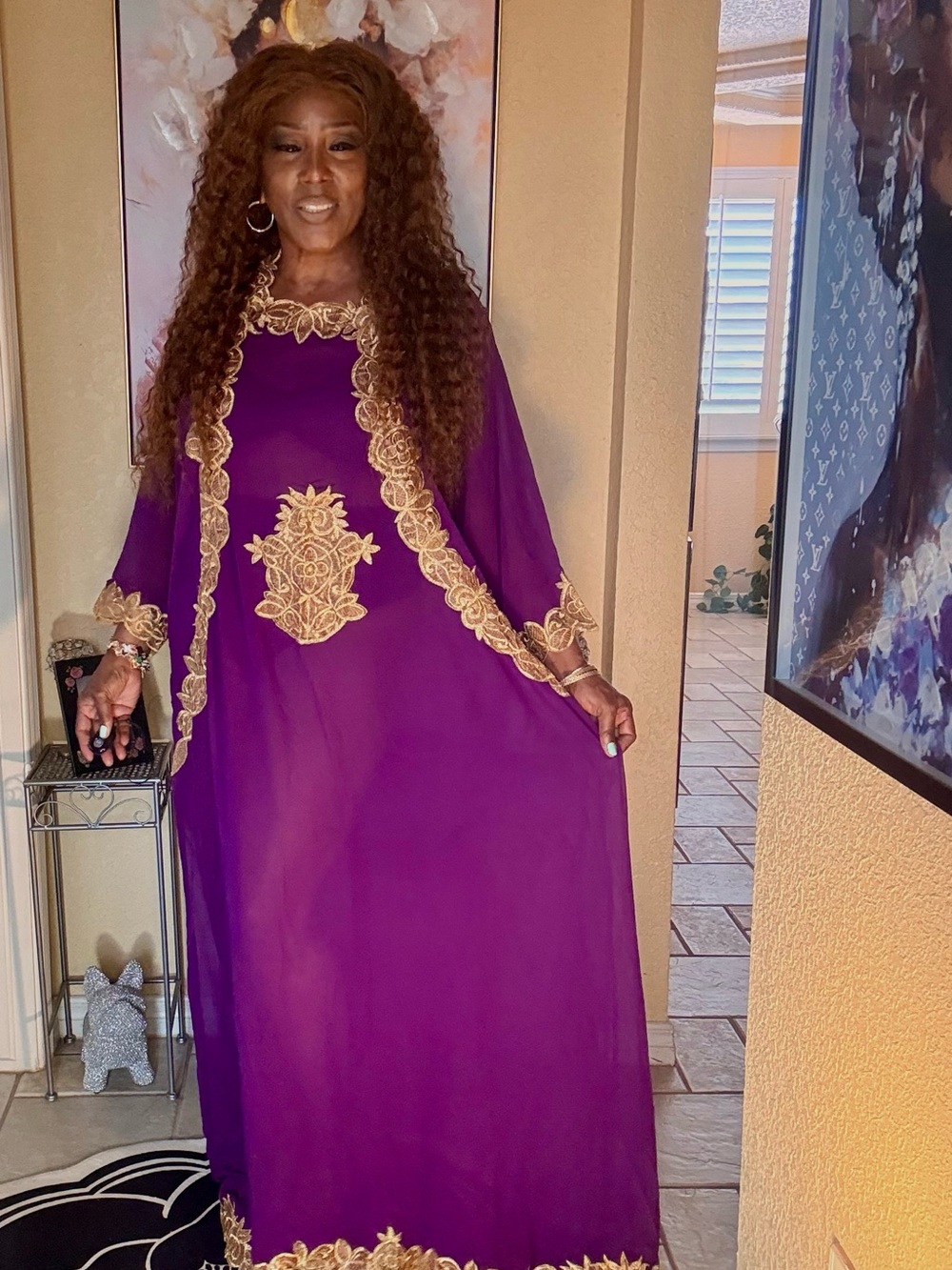 Purple Maxi Kaftan Dress with Gold Embroidered Accents - Picture 9 of 11